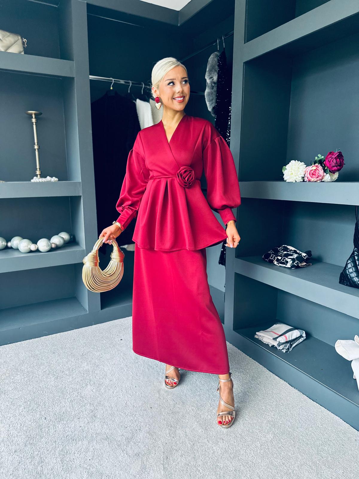 Paula 2 Piece Top & Skirt Set Wine