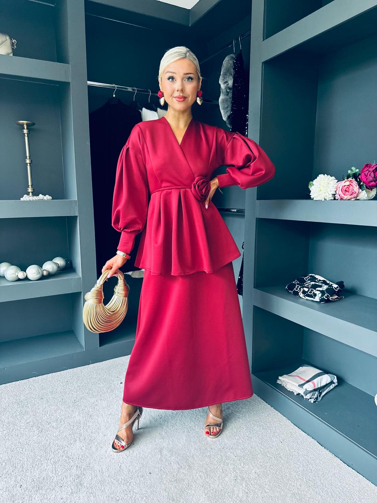 Paula 2 Piece Top & Skirt Set Wine