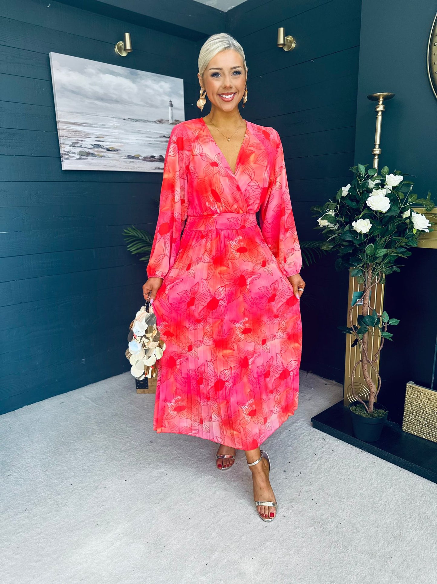 Darcy Pleated Midi Dress Coral