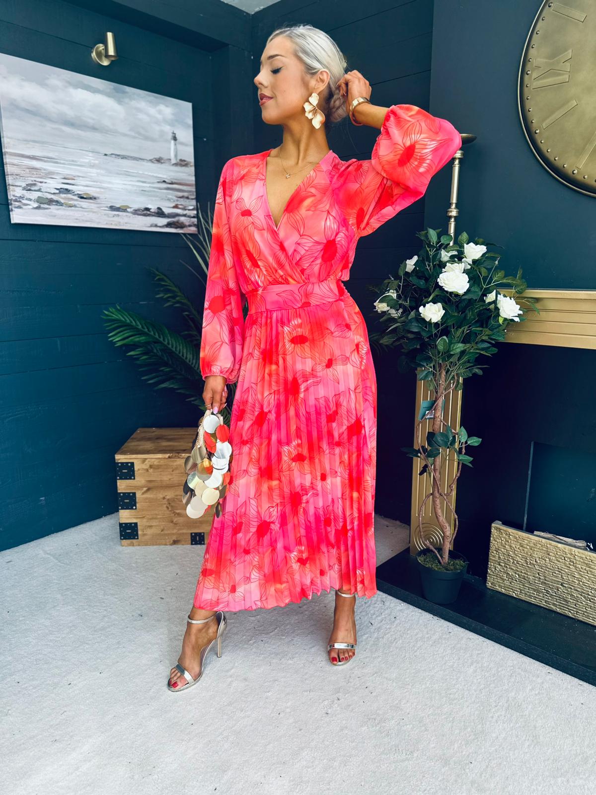 Darcy Pleated Midi Dress Coral