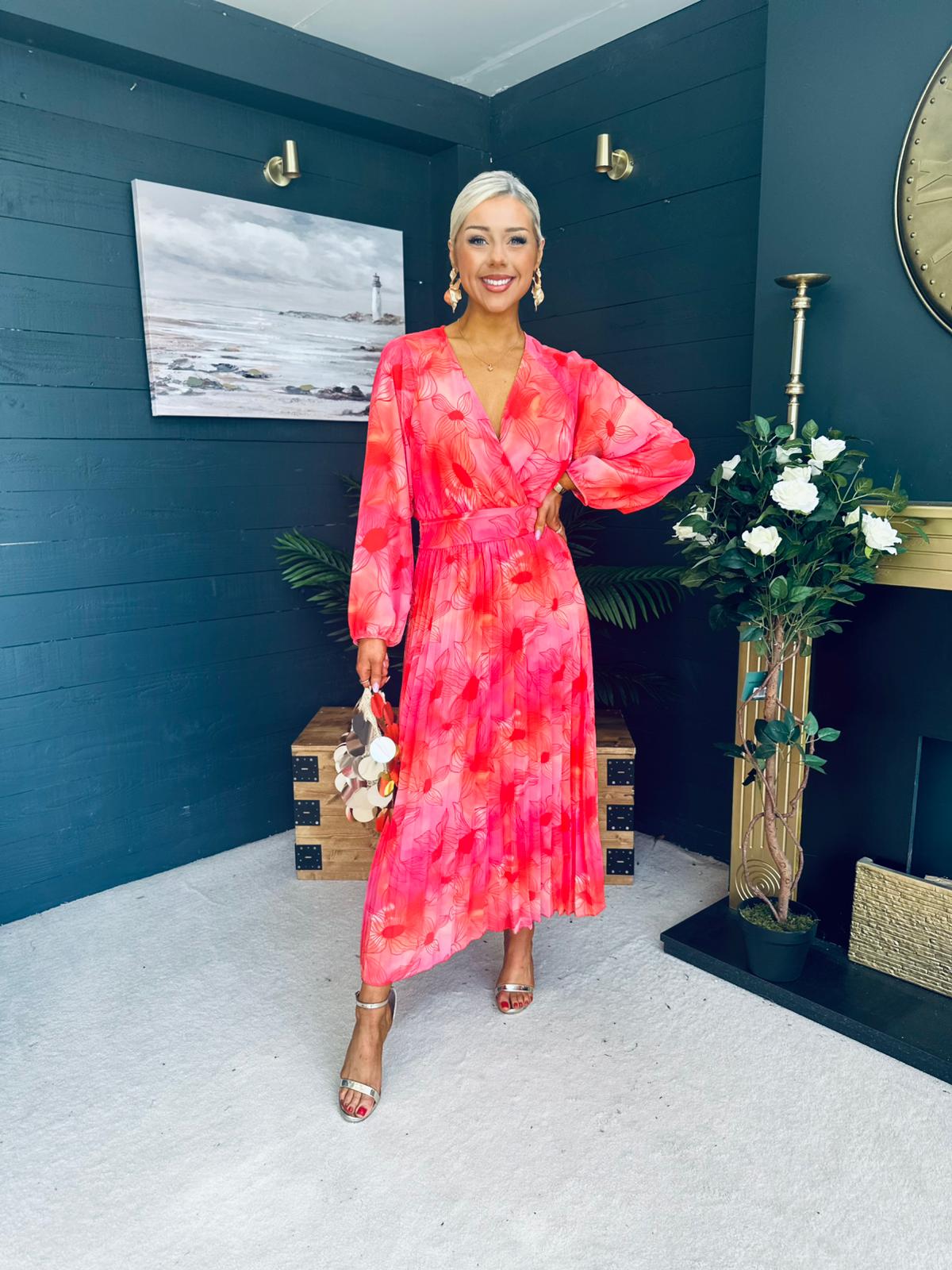 Darcy Pleated Midi Dress Coral