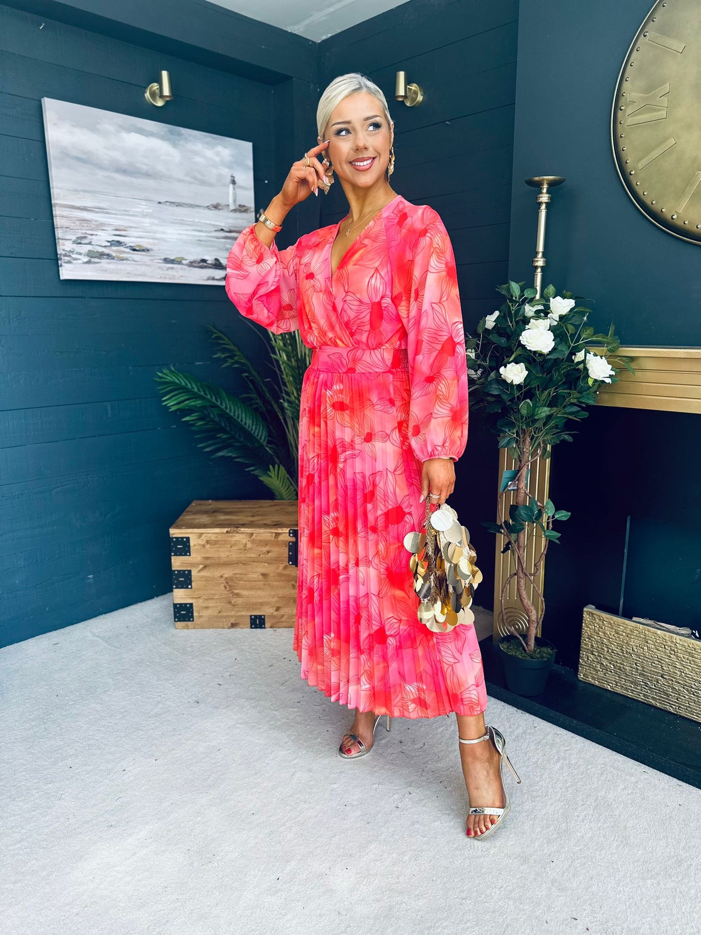 Darcy Pleated Midi Dress Coral