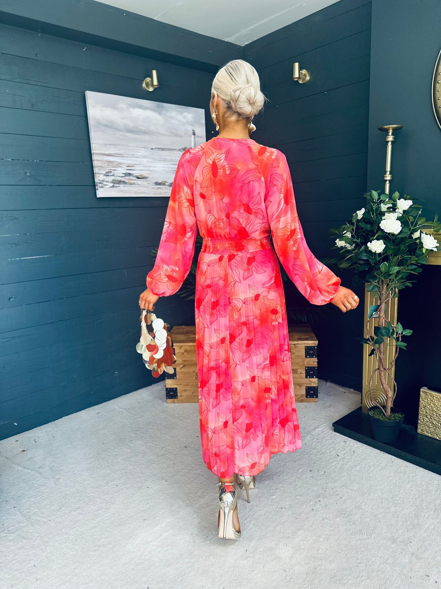 Darcy Pleated Midi Dress Coral