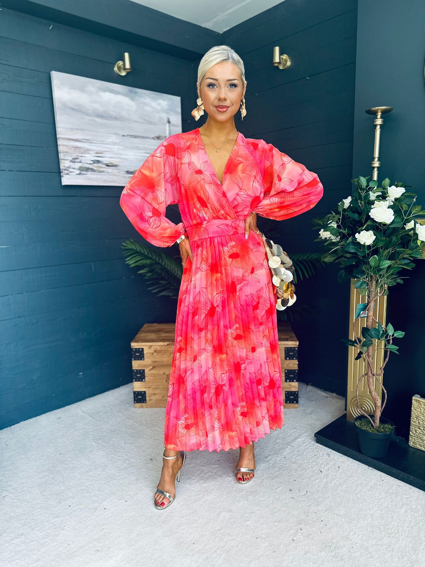 Darcy Pleated Midi Dress Coral