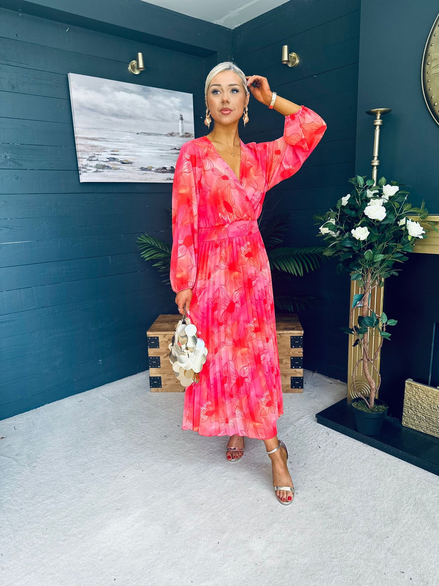 Darcy Pleated Midi Dress Coral