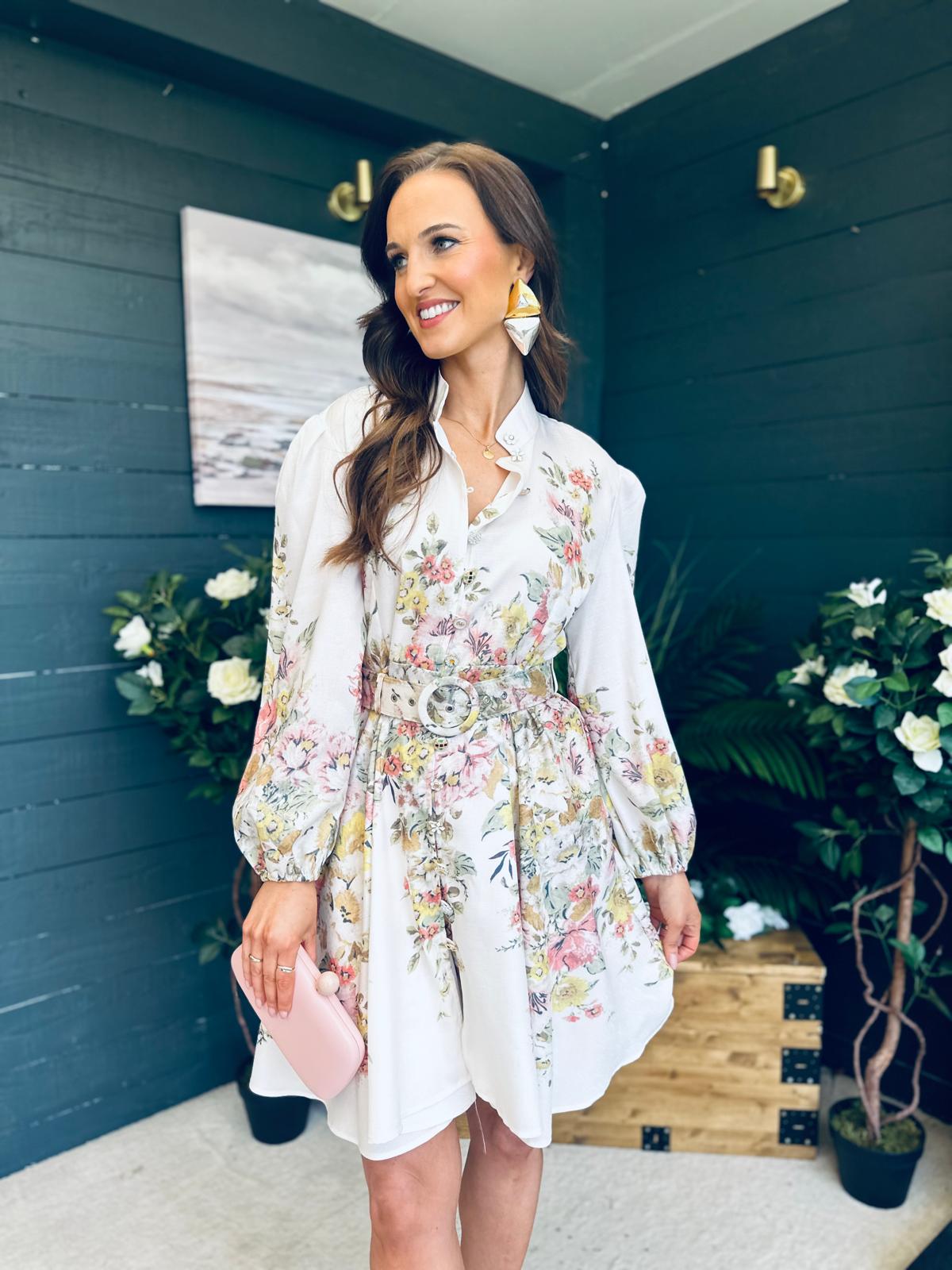 Maggie Belted Shirt Mini Dress Cream