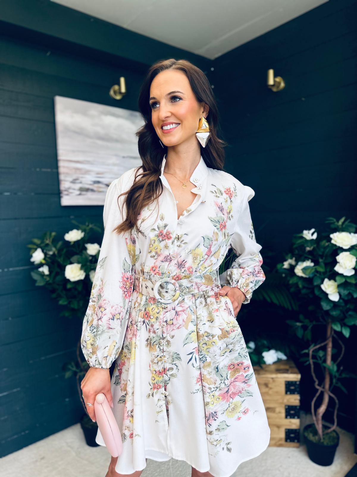 Maggie Belted Shirt Mini Dress Cream