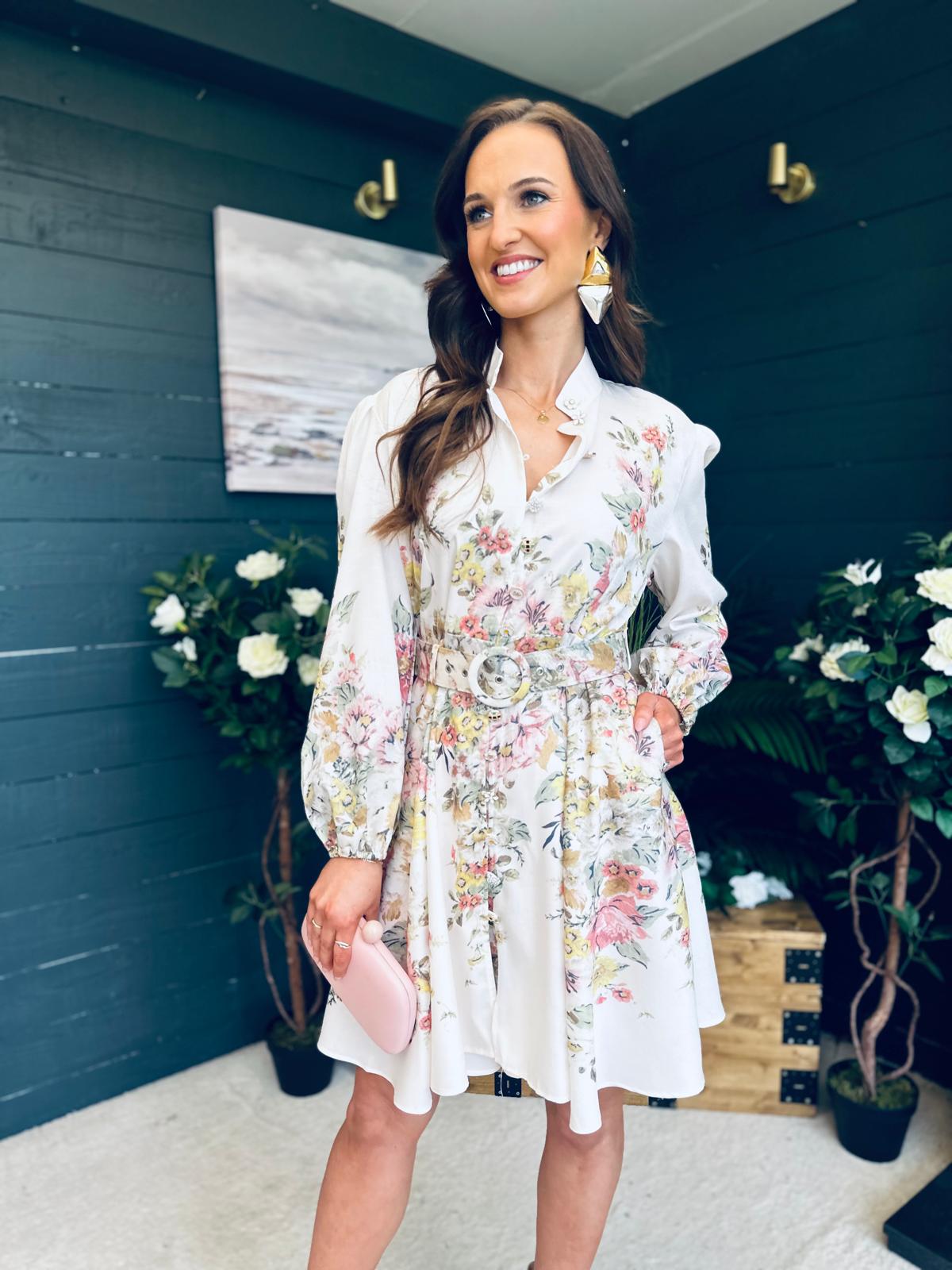 Maggie Belted Shirt Mini Dress Cream