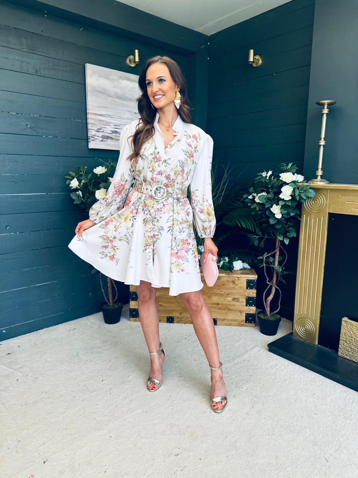 Maggie Belted Shirt Mini Dress Cream