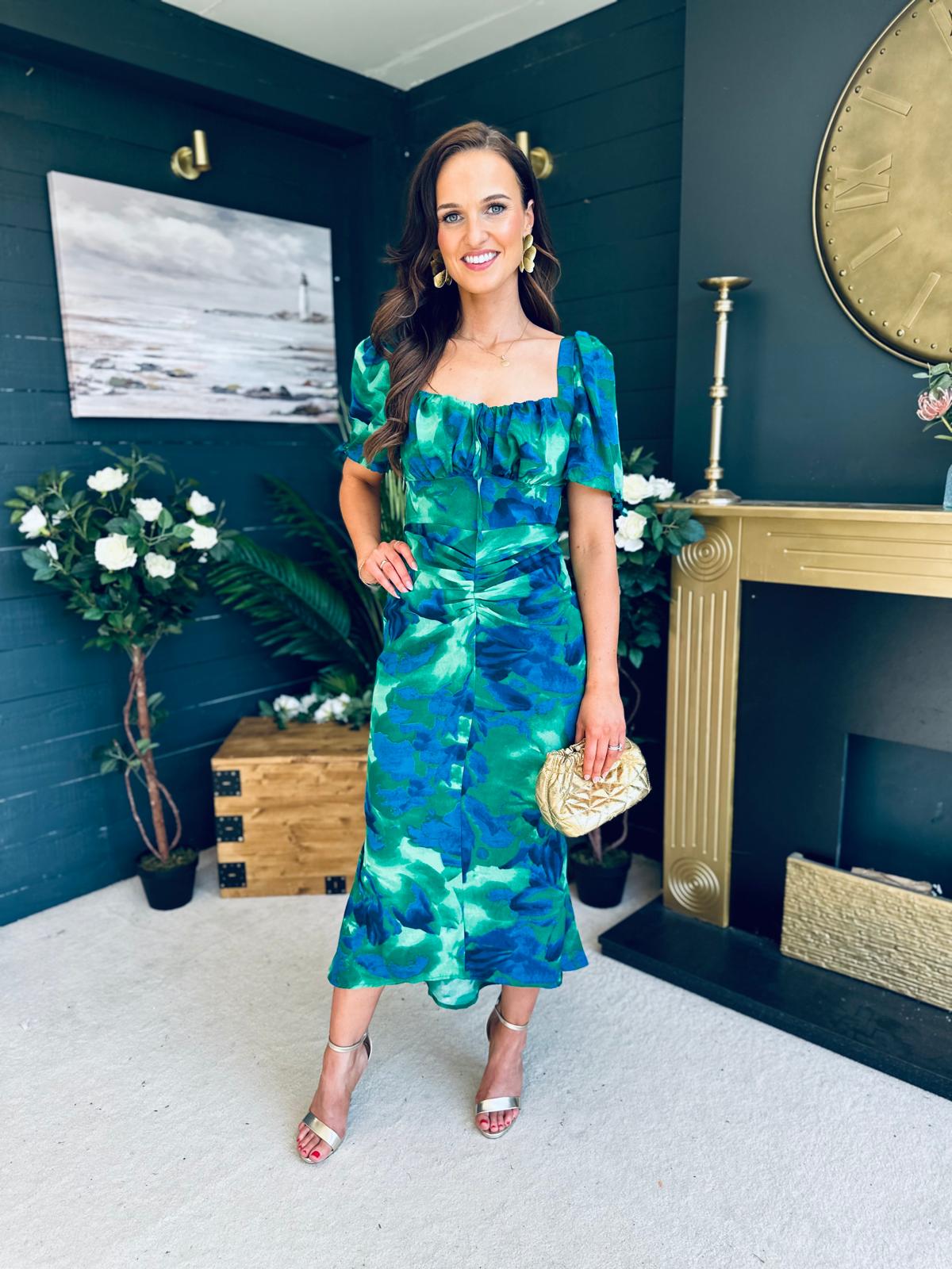 Dove Ruched Detail Midi Dress In Green Floral
