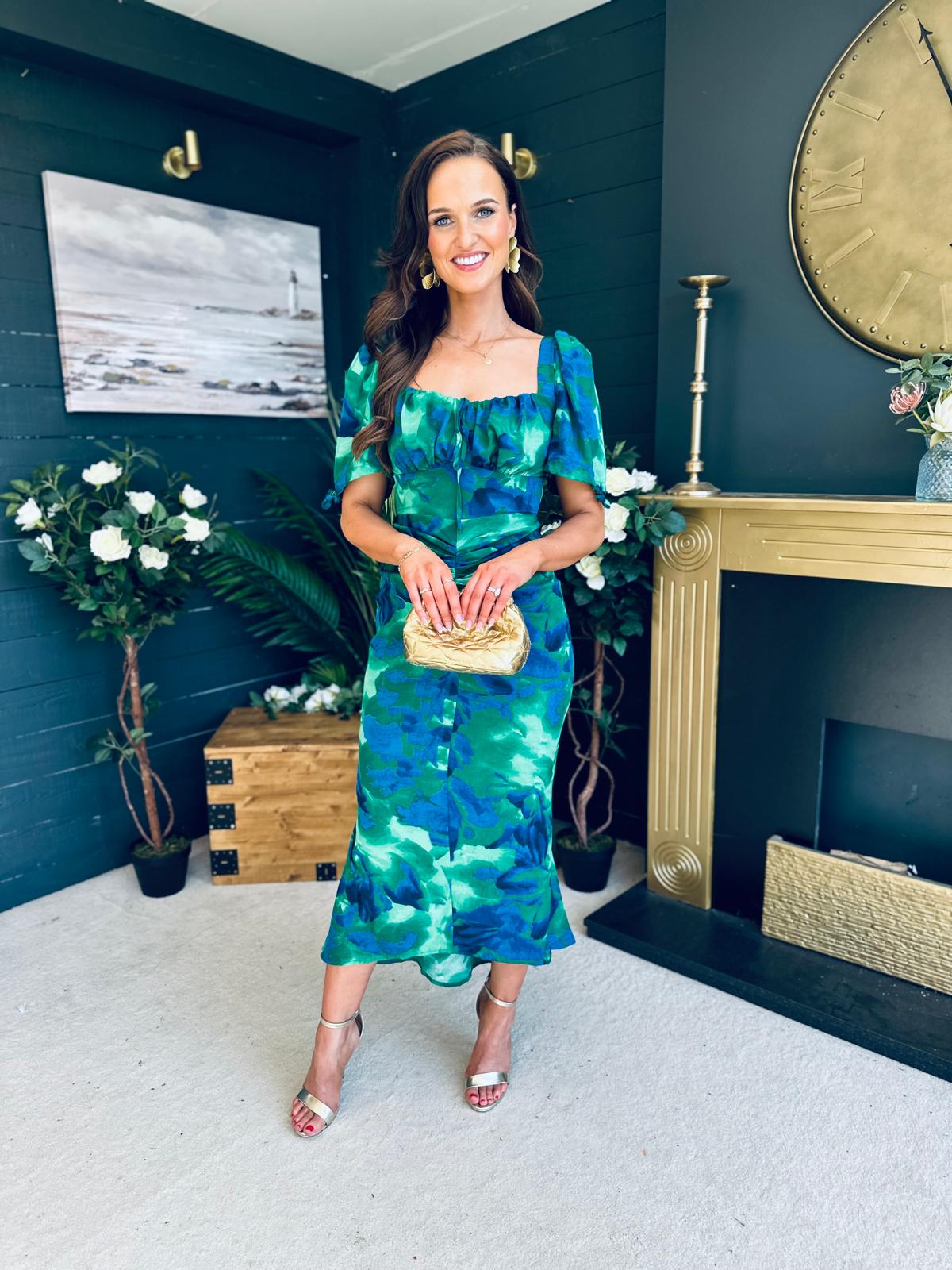 Dove Ruched Detail Midi Dress In Green Floral