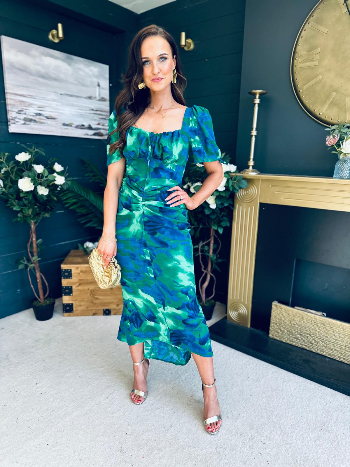 Dove Ruched Detail Midi Dress In Green Floral