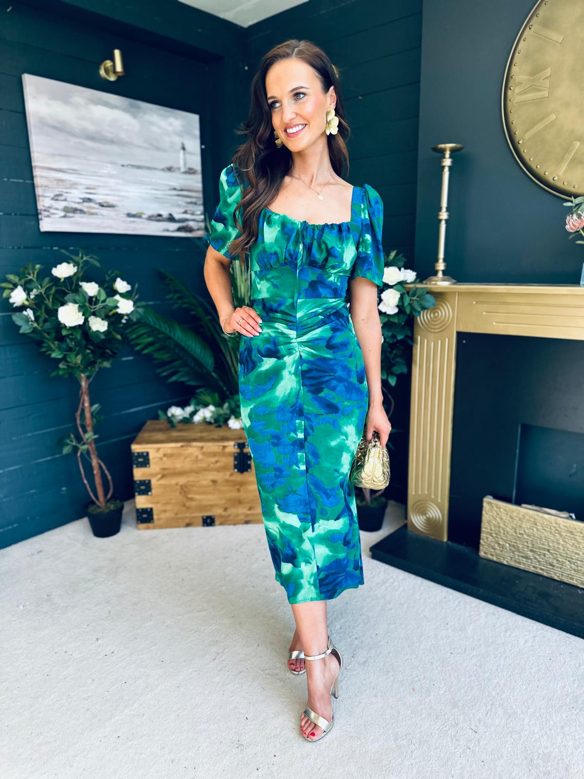 Dove Ruched Detail Midi Dress In Green Floral
