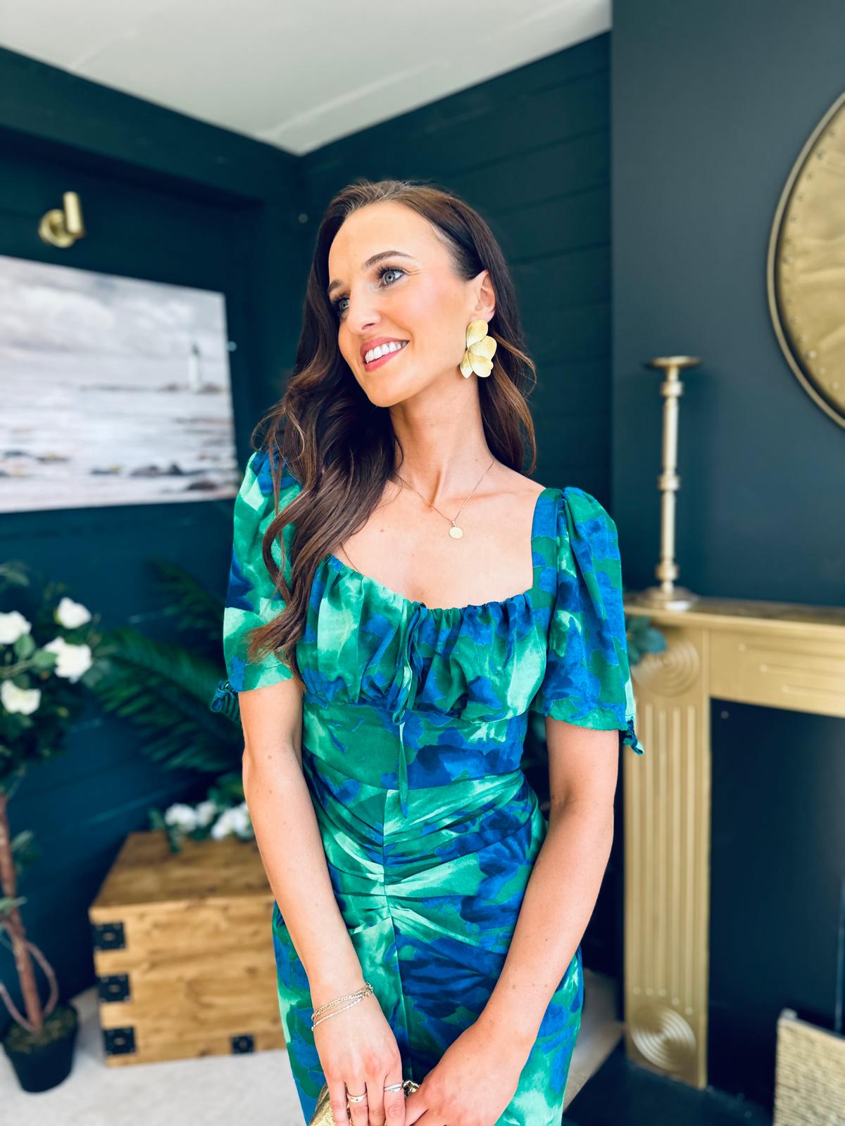 Dove Ruched Detail Midi Dress In Green Floral