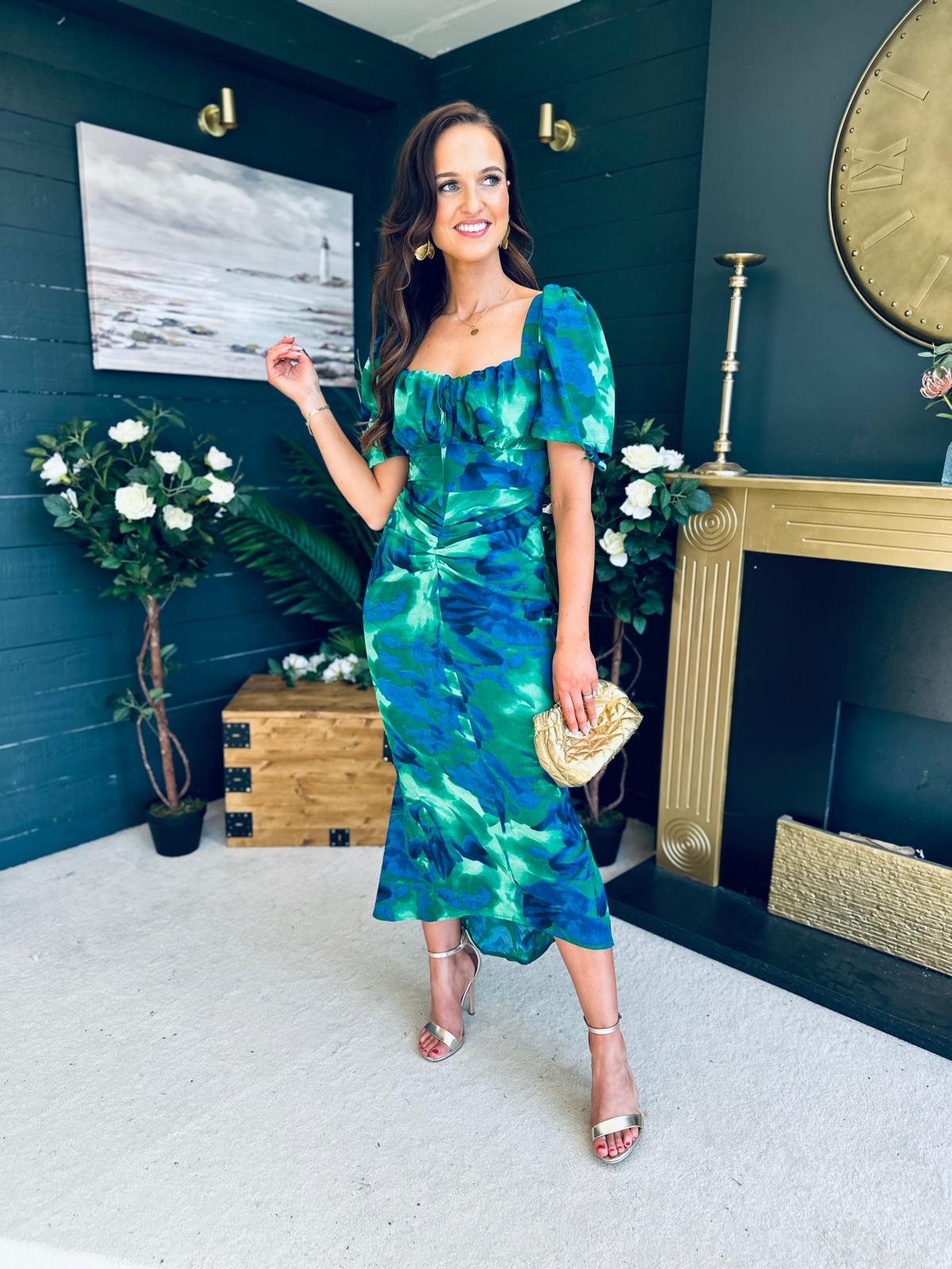 Dove Ruched Detail Midi Dress In Green Floral