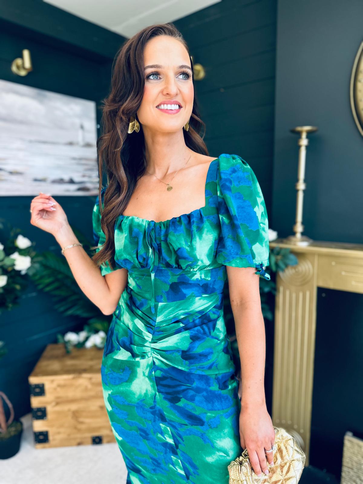 Dove Ruched Detail Midi Dress In Green Floral
