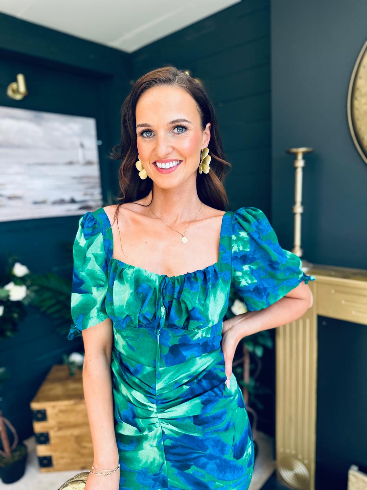 Dove Ruched Detail Midi Dress In Green Floral