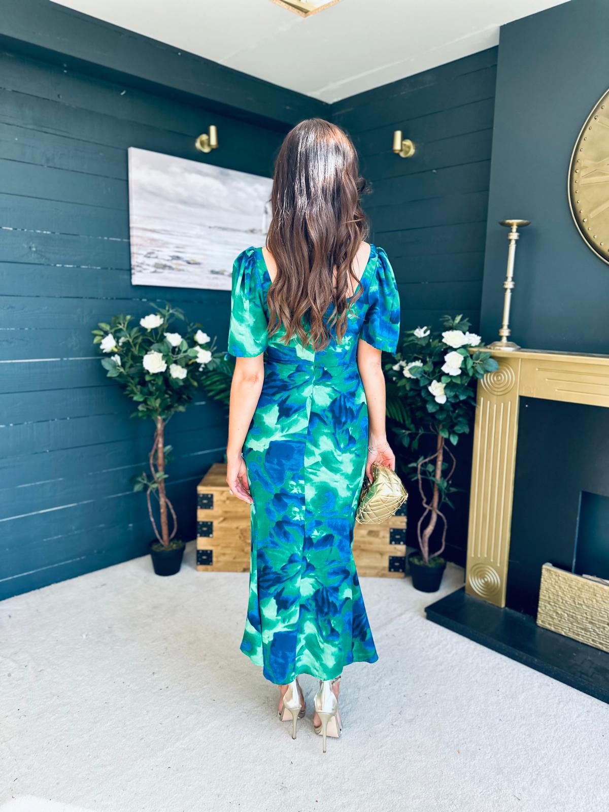 Dove Ruched Detail Midi Dress In Green Floral