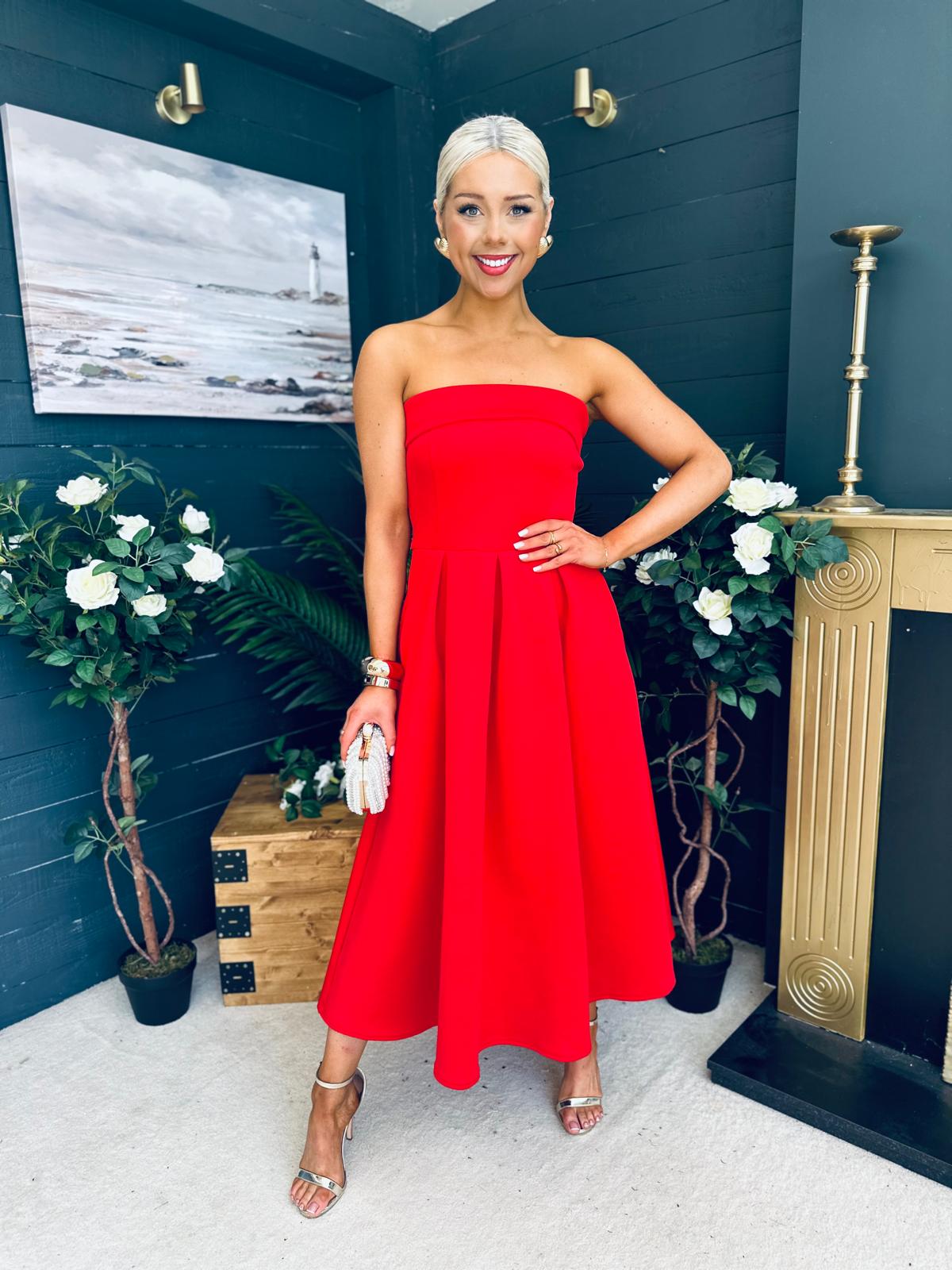 Danni Strapless Bandeau Midi Dress Red