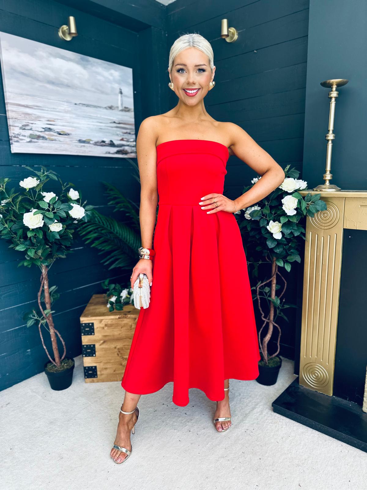 Danni Strapless Bandeau Midi Dress Red