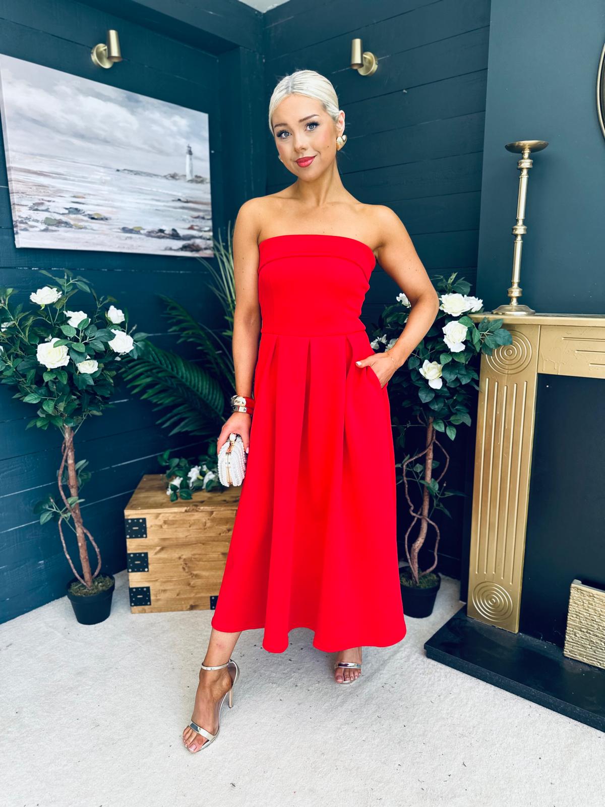 Danni Strapless Bandeau Midi Dress Red