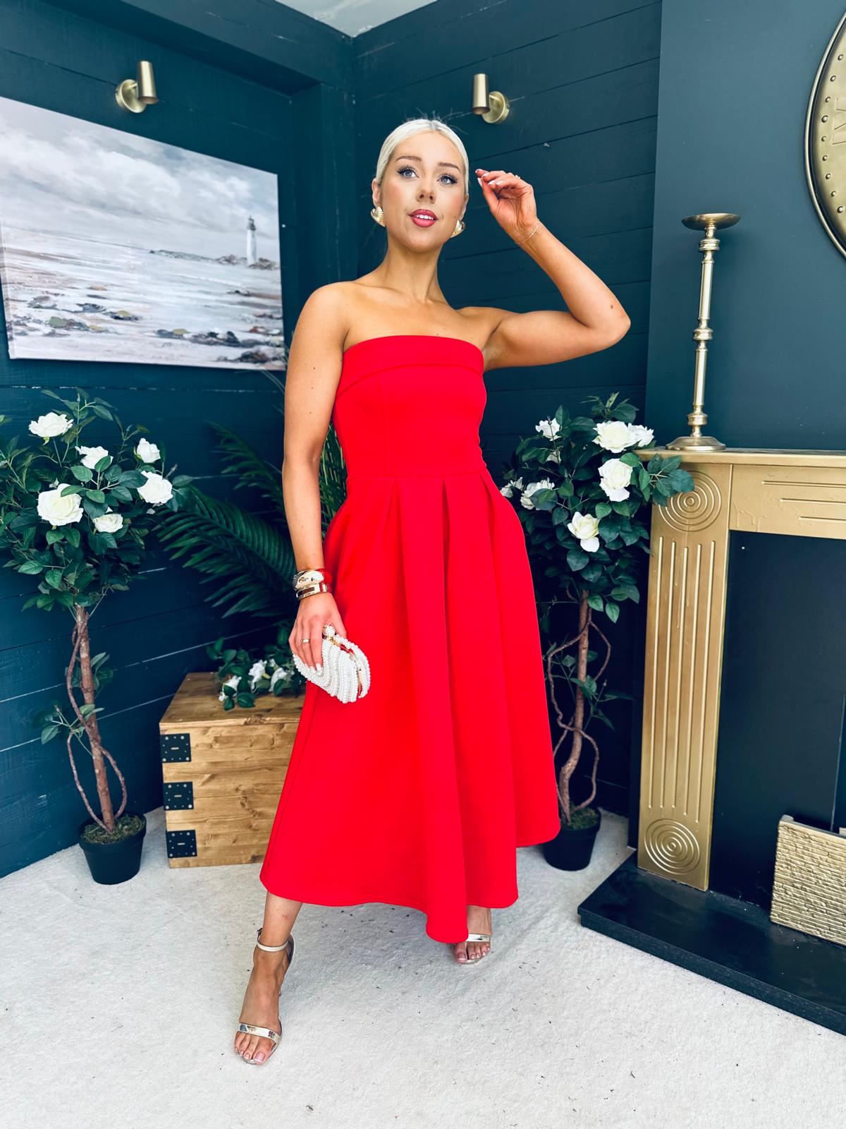 Danni Strapless Bandeau Midi Dress Red