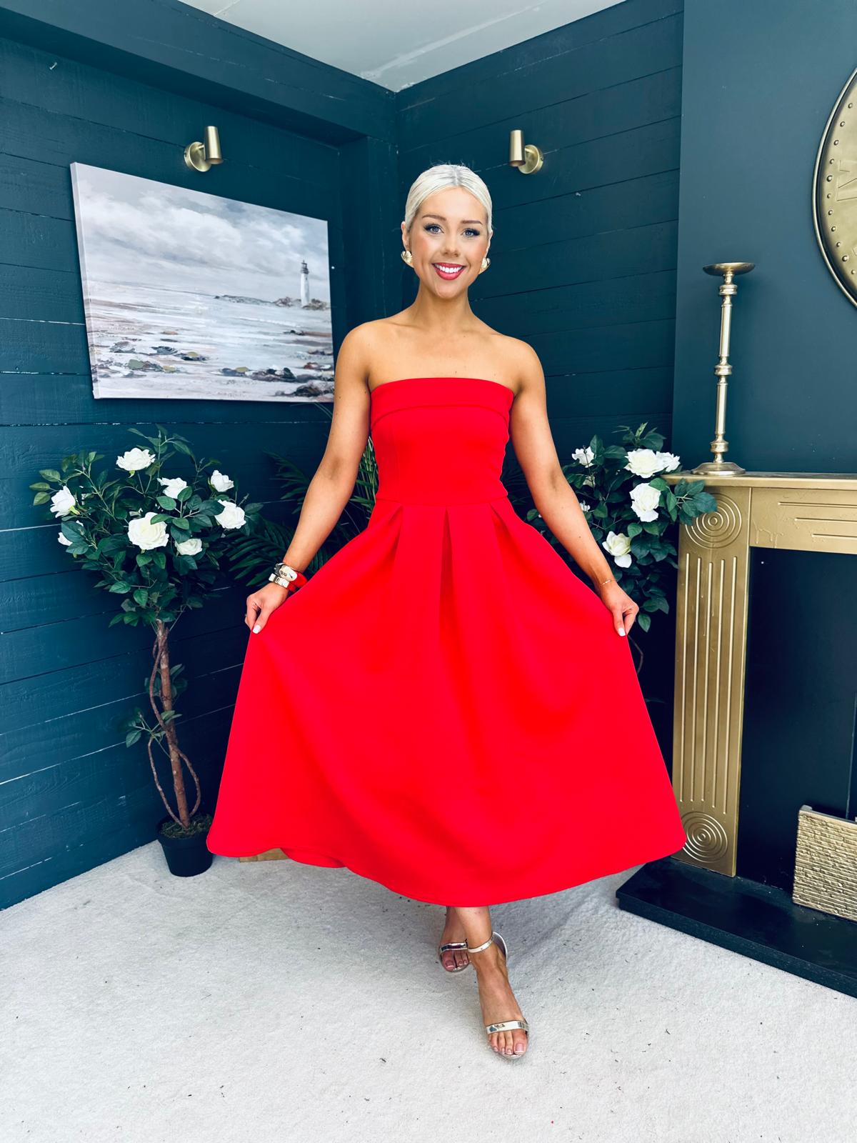 Danni Strapless Bandeau Midi Dress Red