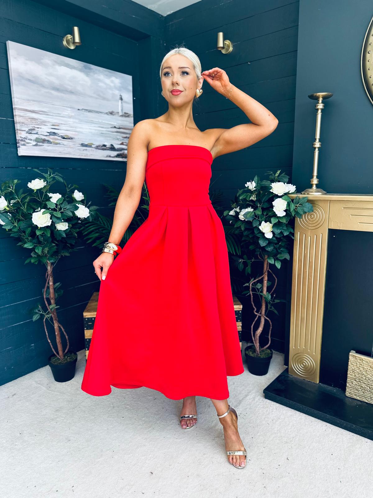 Danni Strapless Bandeau Midi Dress Red