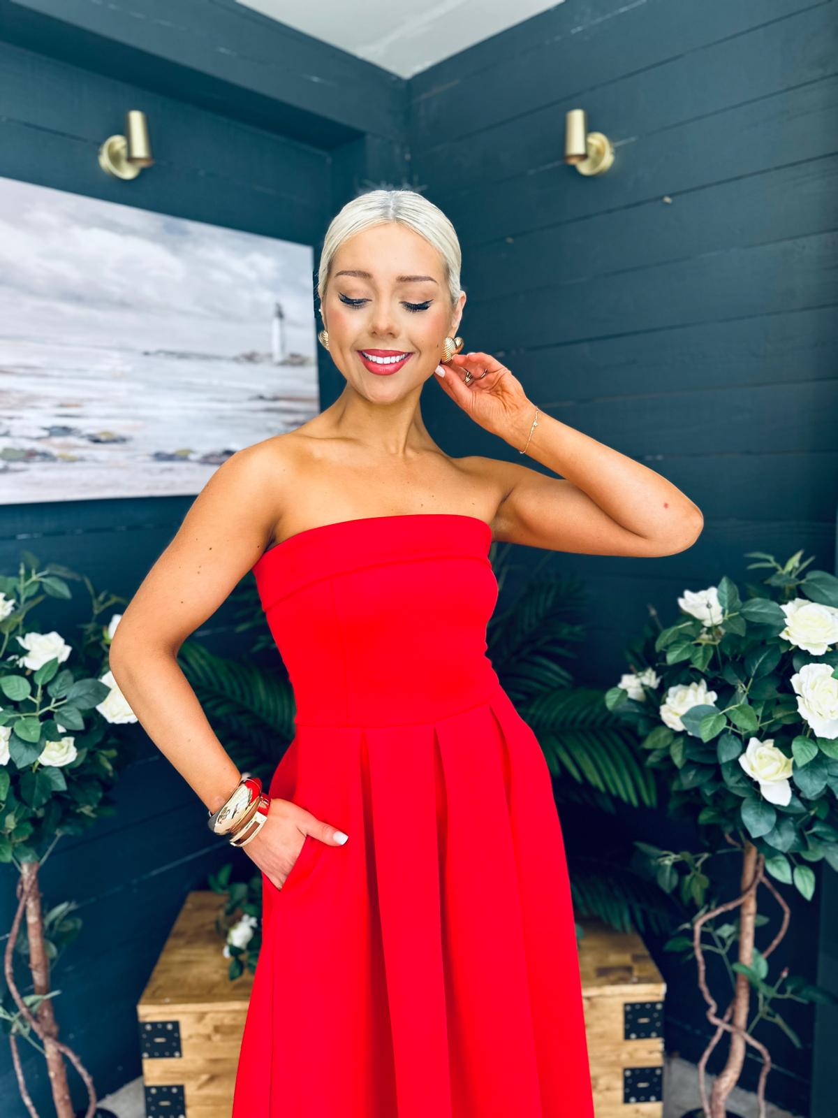 Danni Strapless Bandeau Midi Dress Red
