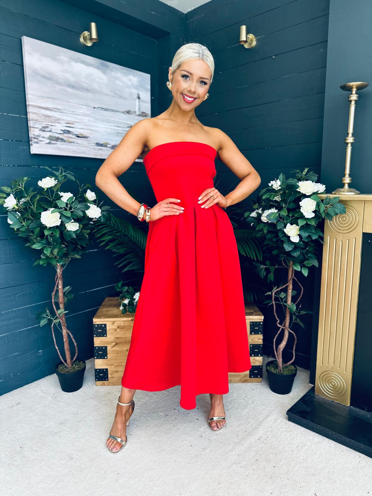 Danni Strapless Bandeau Midi Dress Red
