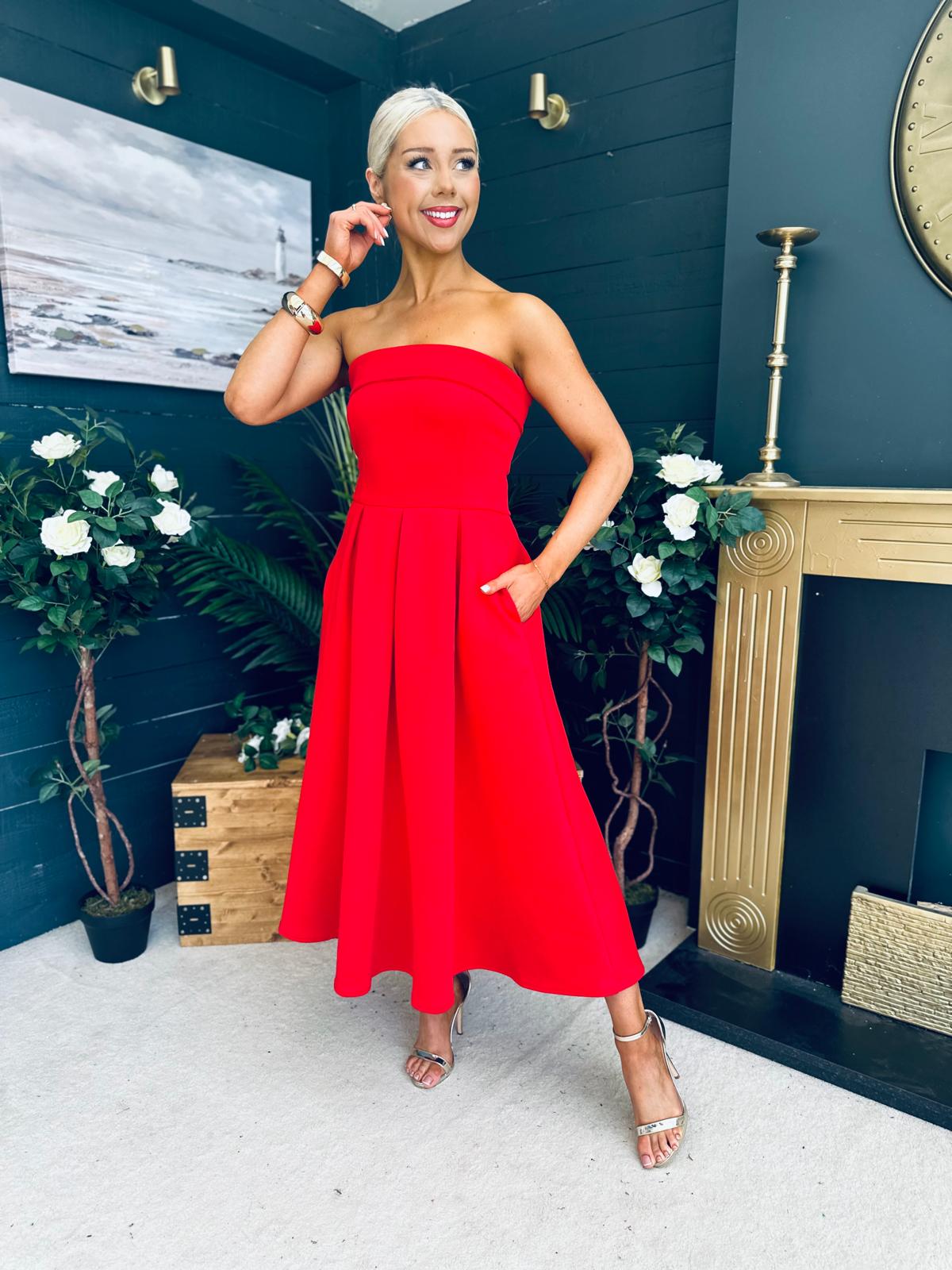 Danni Strapless Bandeau Midi Dress Red