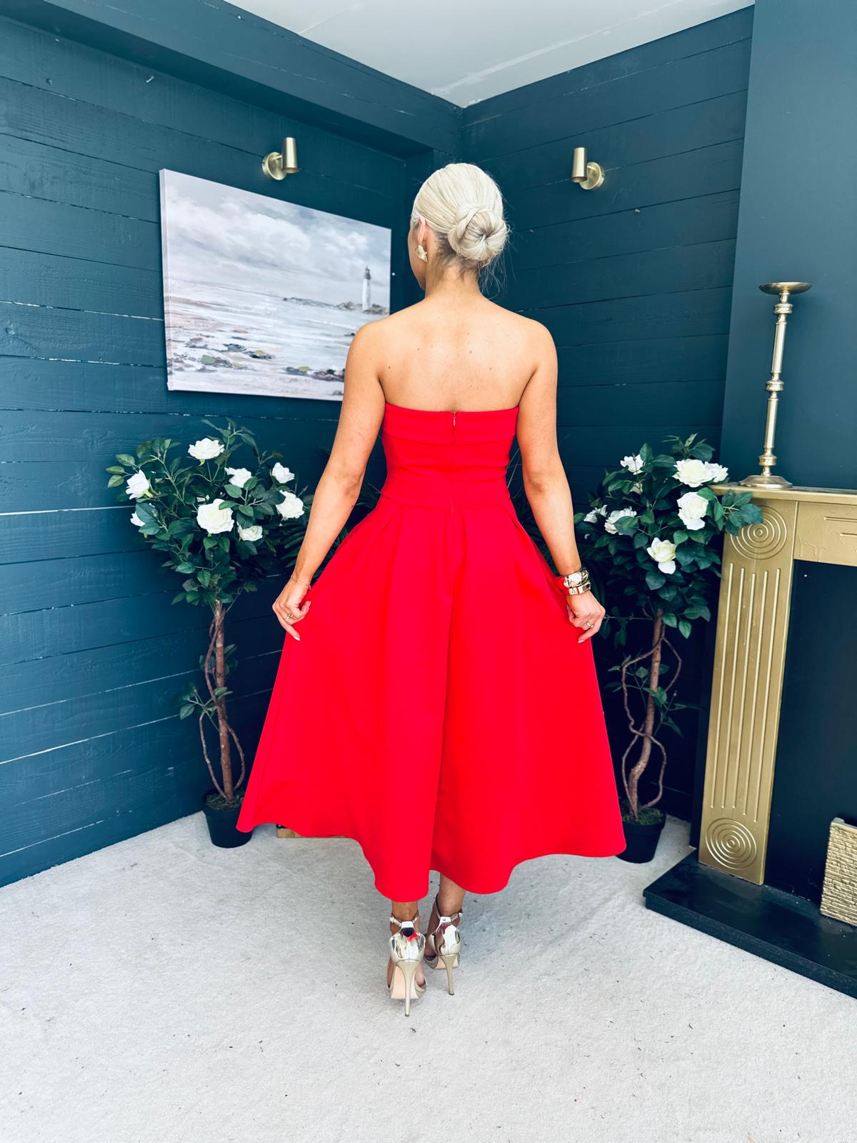 Danni Strapless Bandeau Midi Dress Red