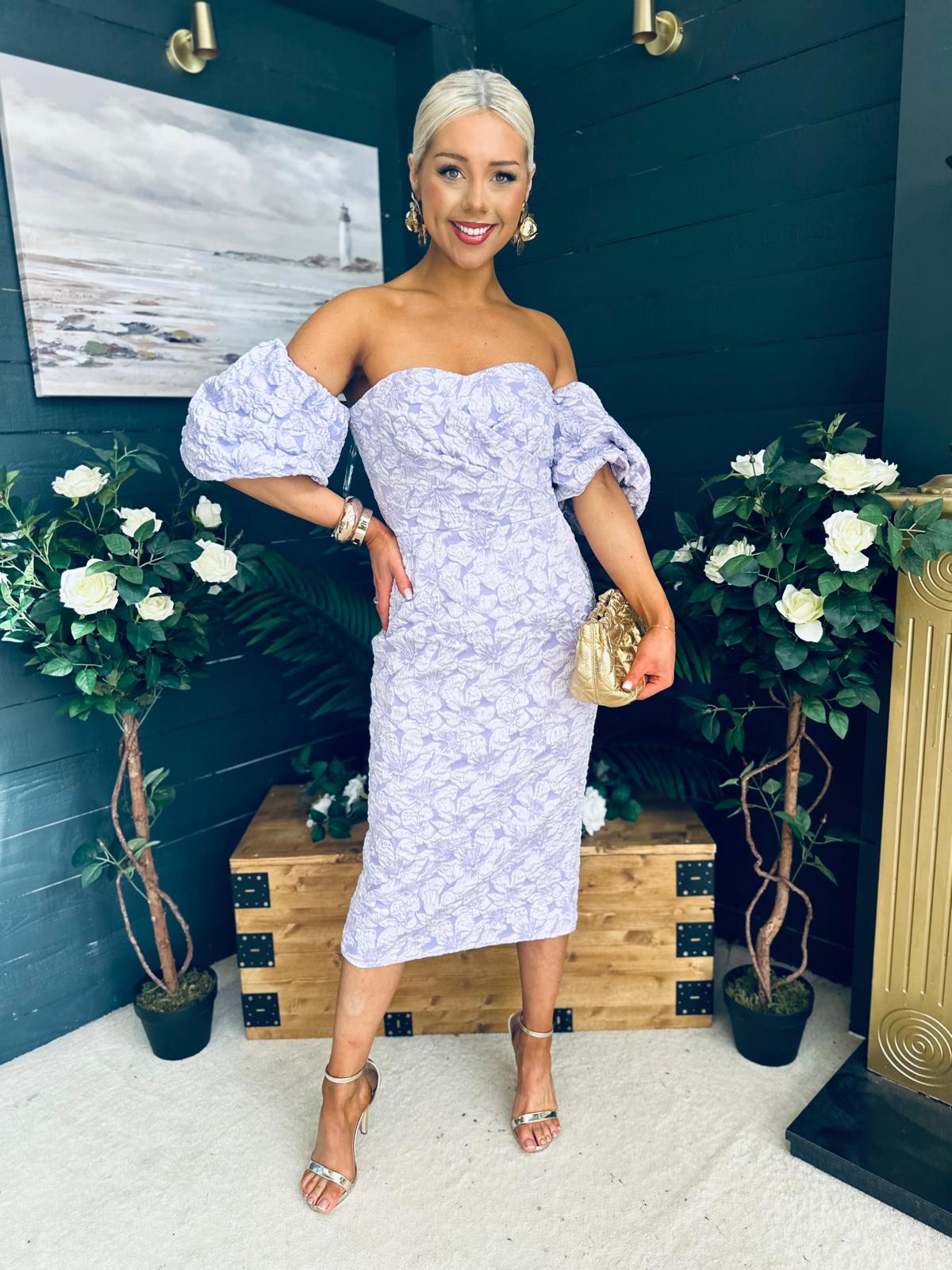 Hannah Bardot Occasion Dress Lavender