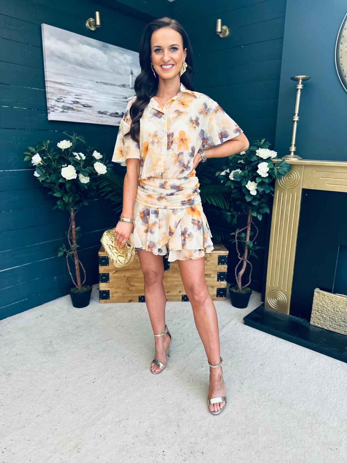Catalina Detailed Mini Dress Floral Yellow