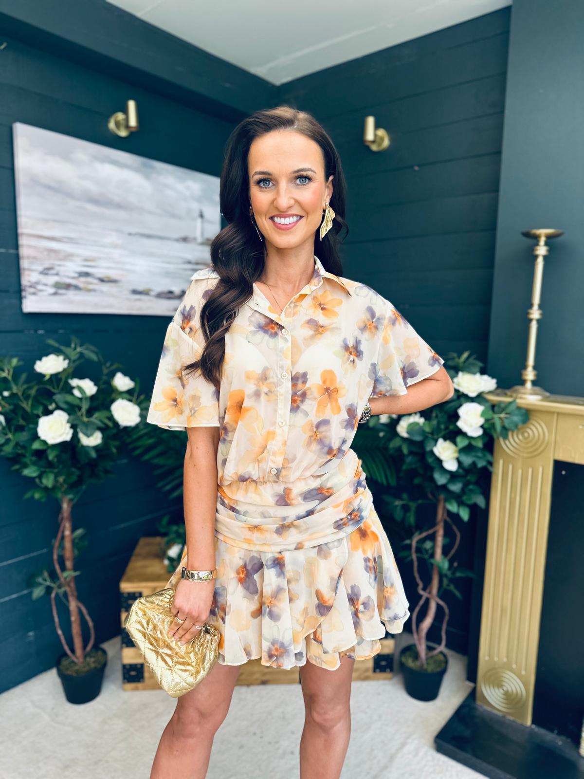Catalina Detailed Mini Dress Floral Yellow