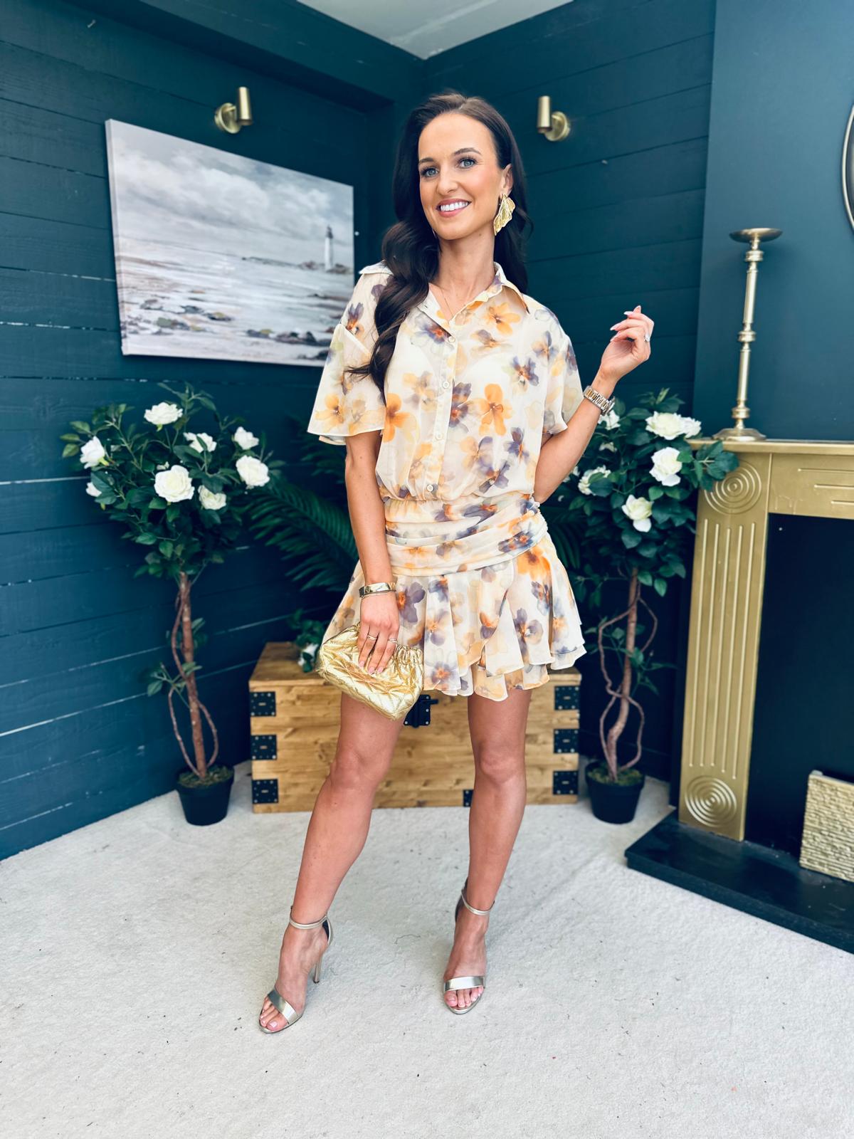Catalina Detailed Mini Dress Floral Yellow