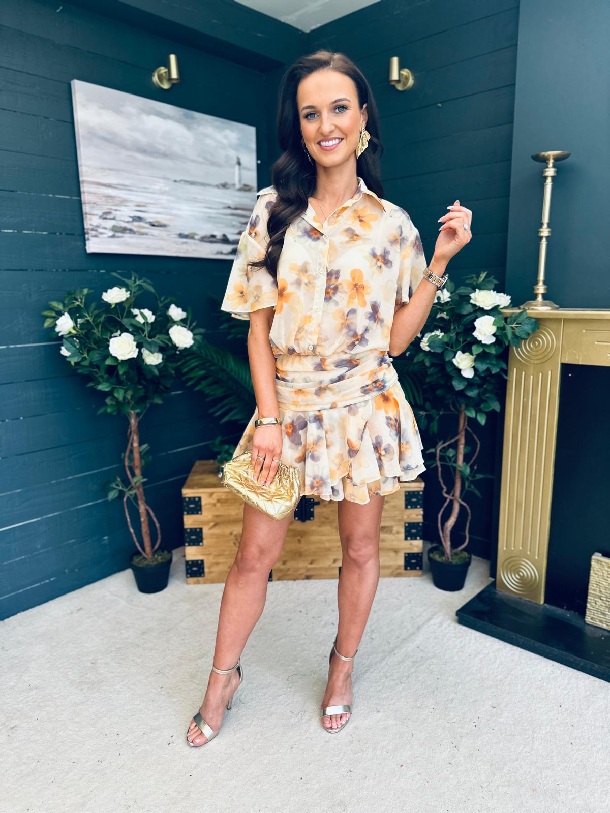 Catalina Detailed Mini Dress Floral Yellow