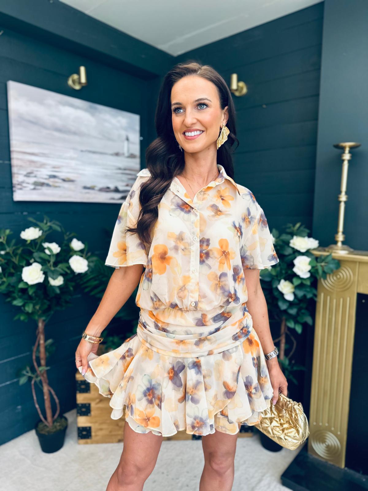 Catalina Detailed Mini Dress Floral Yellow