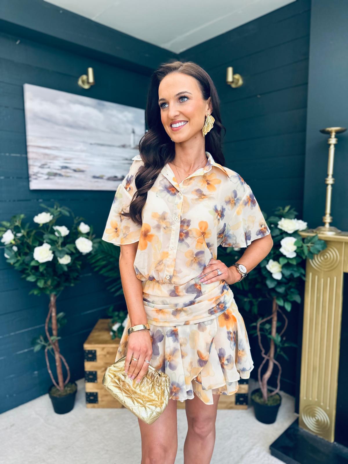 Catalina Detailed Mini Dress Floral Yellow