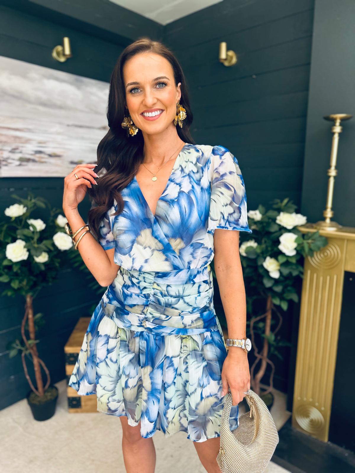 Tina Banded Mini Dress Floral Blue