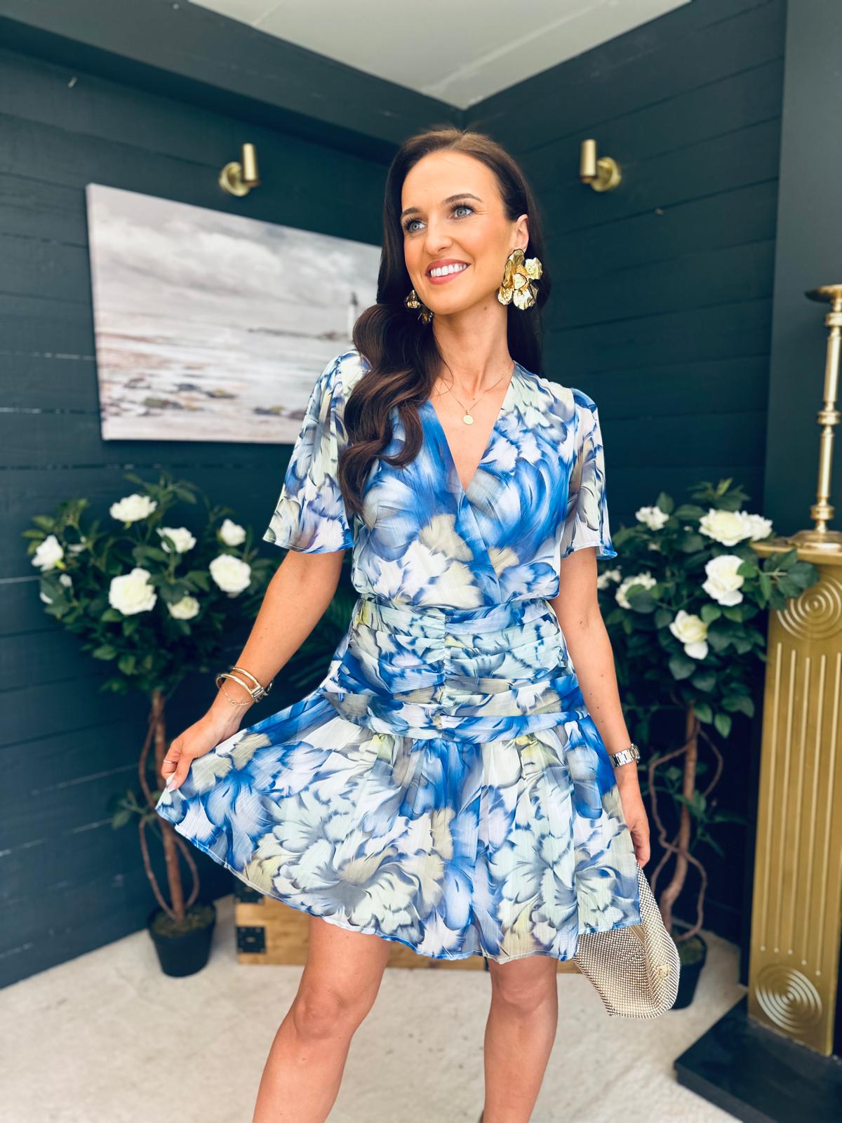 Tina Banded Mini Dress Floral Blue