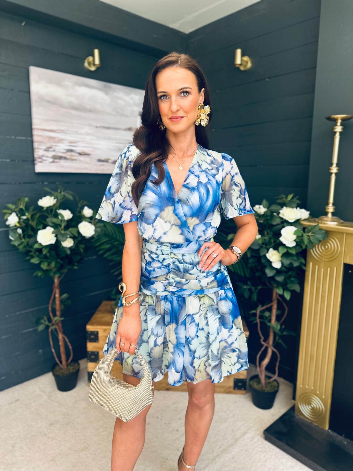 Tina Banded Mini Dress Floral Blue