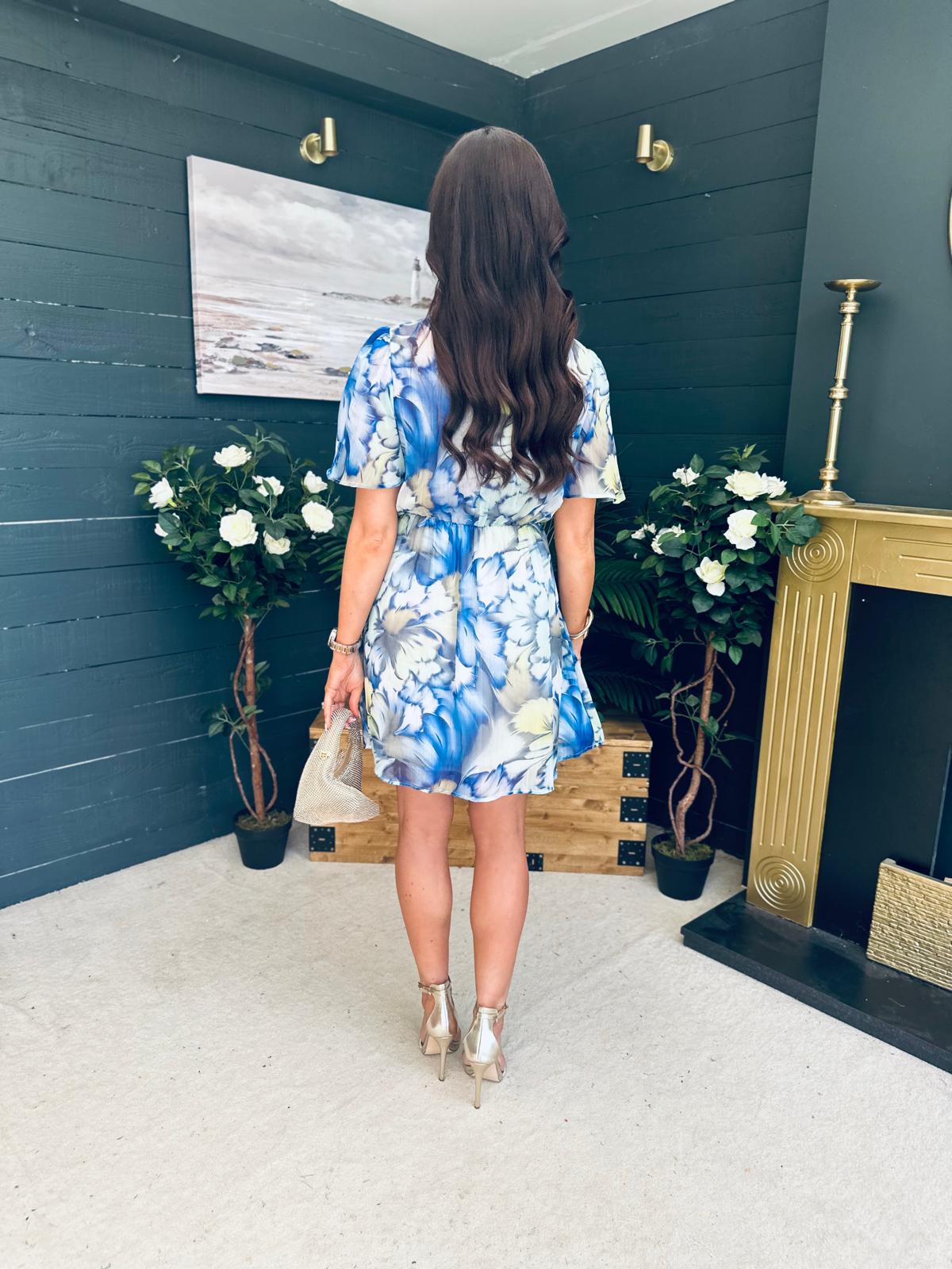 Tina Banded Mini Dress Floral Blue