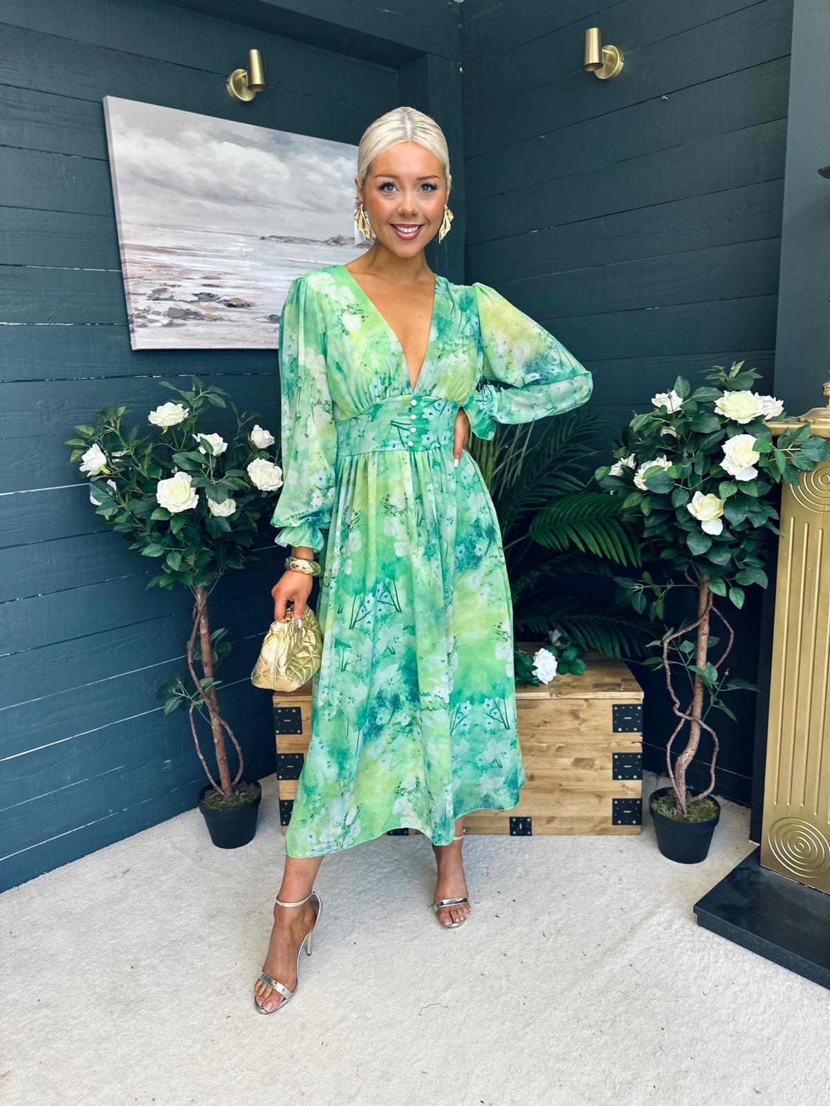 Brianna Banded Midi Dress Floral Green