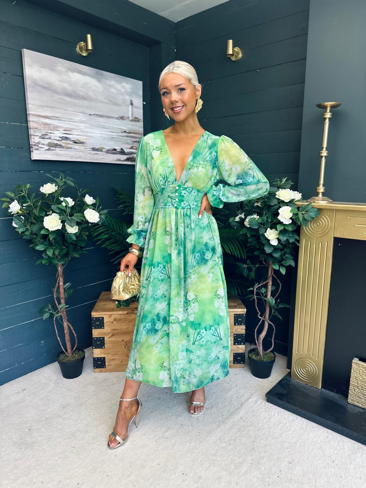 Brianna Banded Midi Dress Floral Green