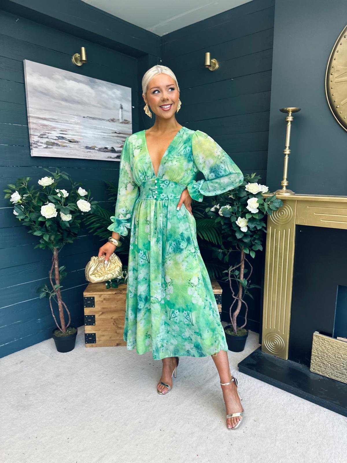 Brianna Banded Midi Dress Floral Green