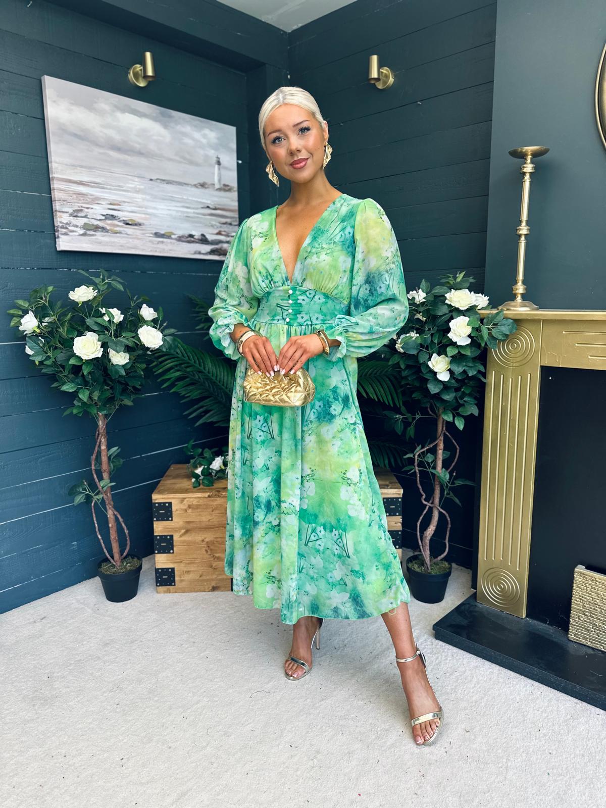 Brianna Banded Midi Dress Floral Green