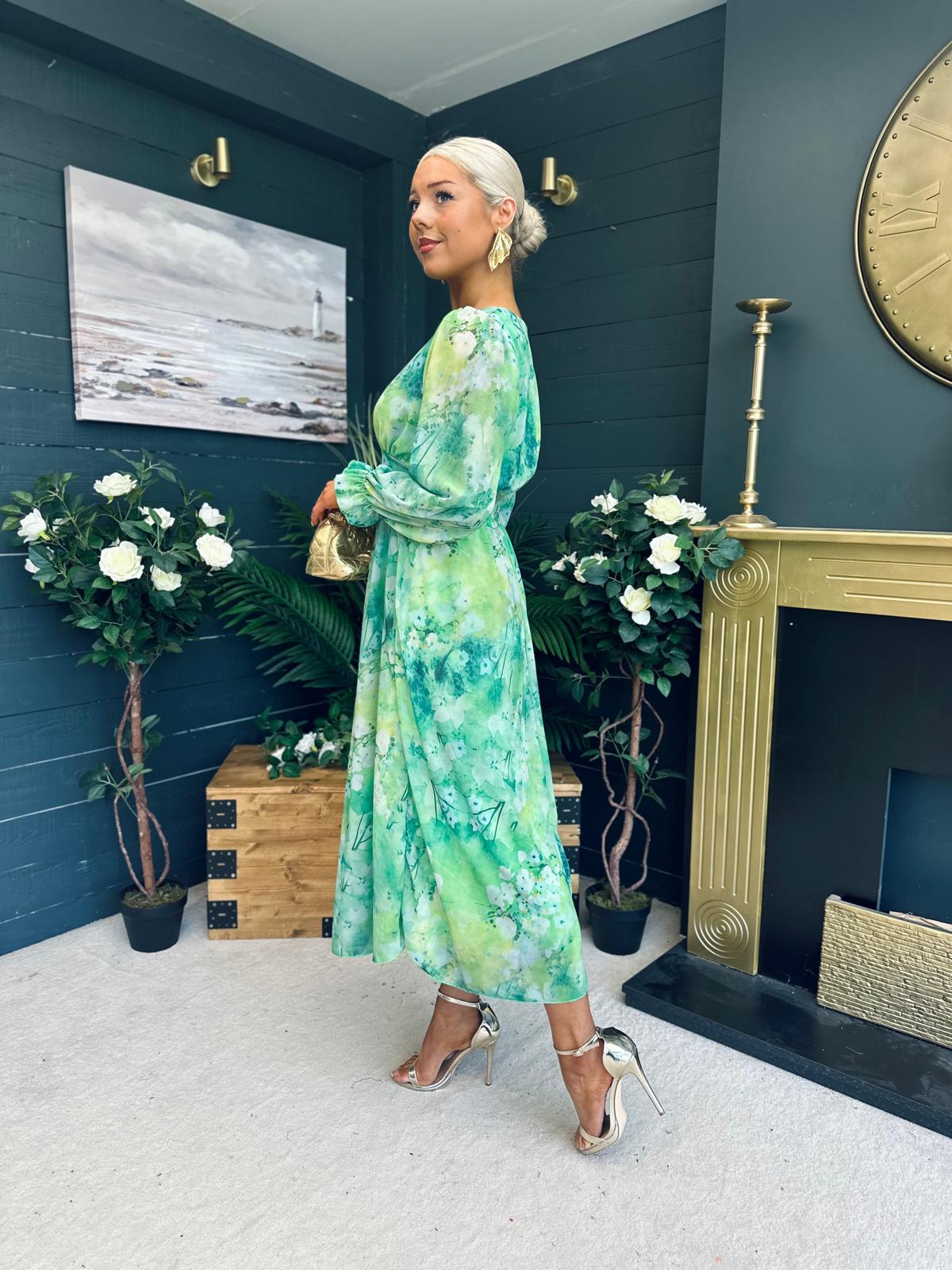 Brianna Banded Midi Dress Floral Green