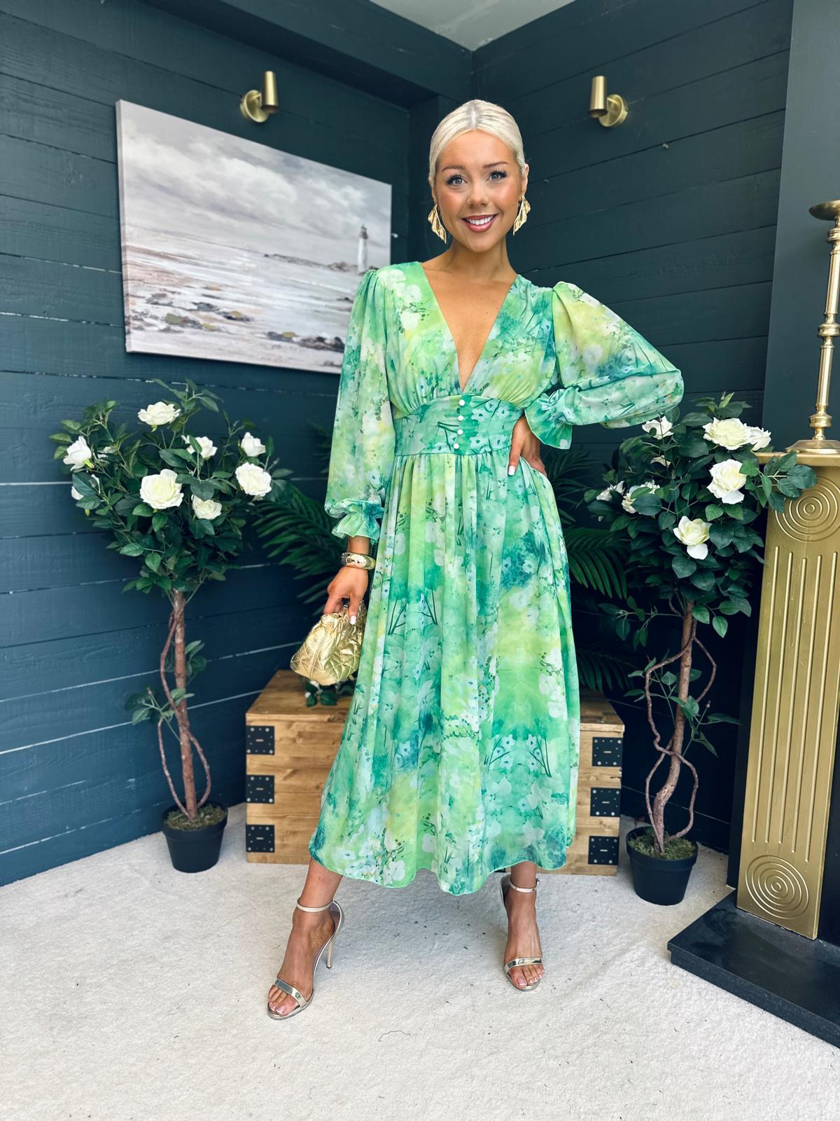 Brianna Banded Midi Dress Floral Green