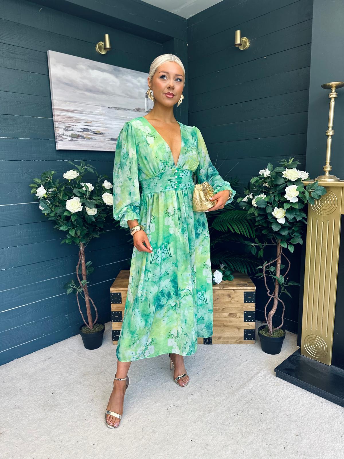 Brianna Banded Midi Dress Floral Green